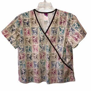 The Wonderful World of Disney Womens Large Tinkerbell Print Scrub Top Shirt Sz L